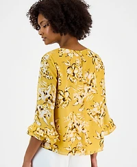 Kasper Petite Crewneck Ruffle-Sleeve Printed Blouse