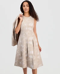 Kasper Petite Box Pleated Crewneck Midi Dress