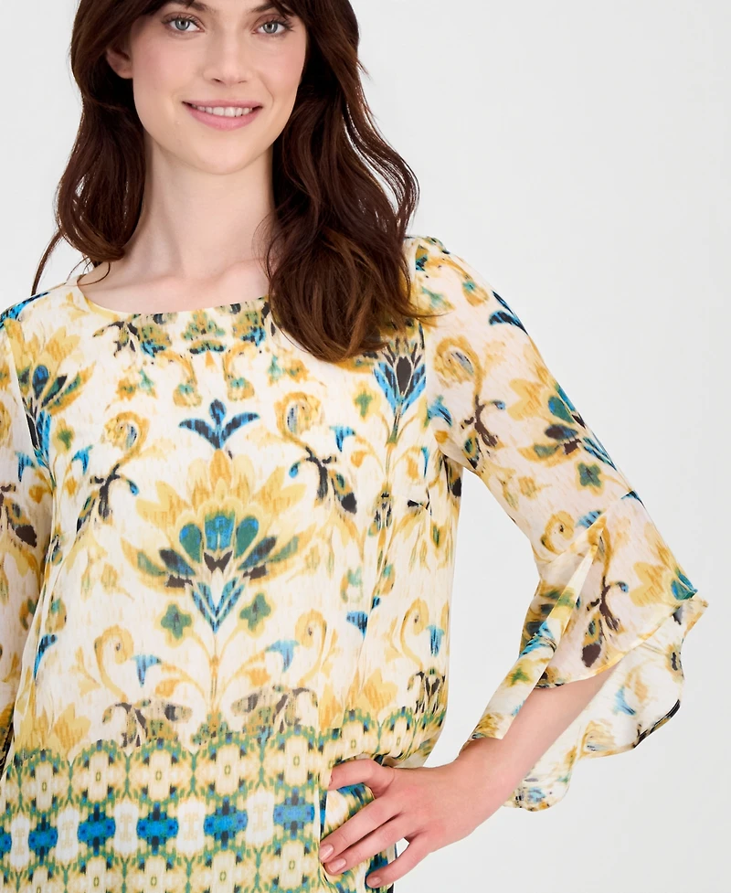 Kasper Petite Ruffle-Sleeve Boat Neck Polyester Blouse