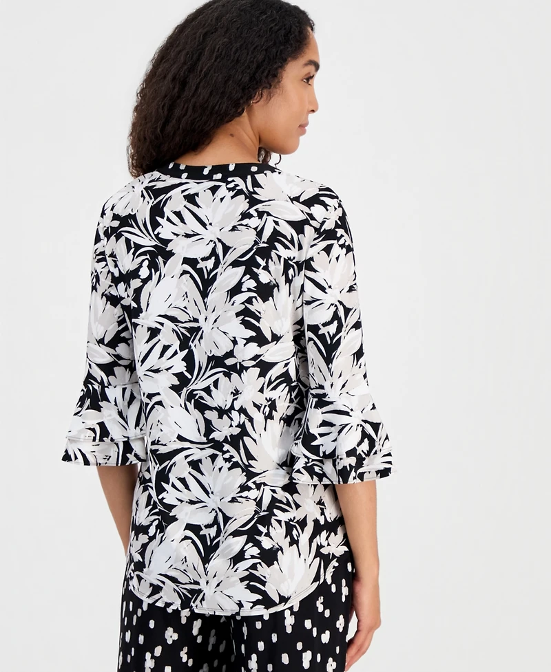 Kasper Women's Printed V-Neck Elbow-Sleeve Top