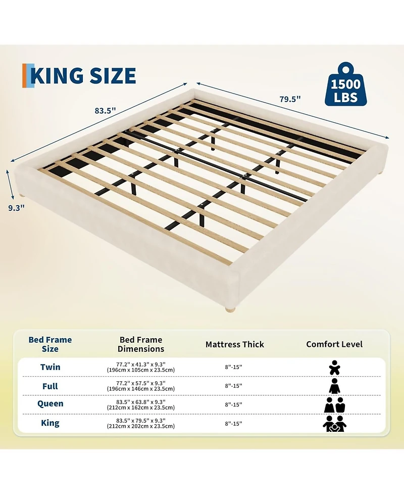 gaomon Cloud Bed Frame, Corduroy Soft Fabric Low Bed Frames with Solid Wood Round Legs