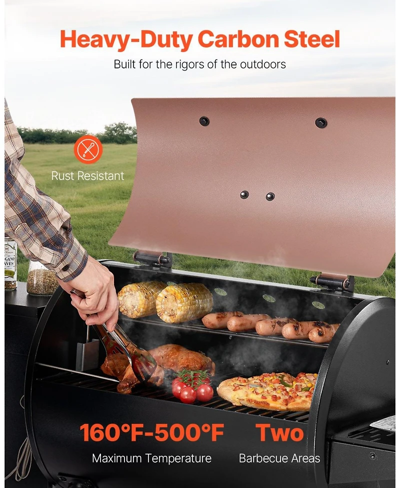Ecooso Wood Pellet Grill Smoker, 8-in-1 Outdoor Bbq, 456 Sq. In. Cooking Area, Digital Controller, Meat Probe, 500°F Max