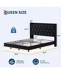 gaomon Queen Floating Bed Frame Led Lights Velvet Upholstered Platform Storage Headboard No Box Spring Noise-Free