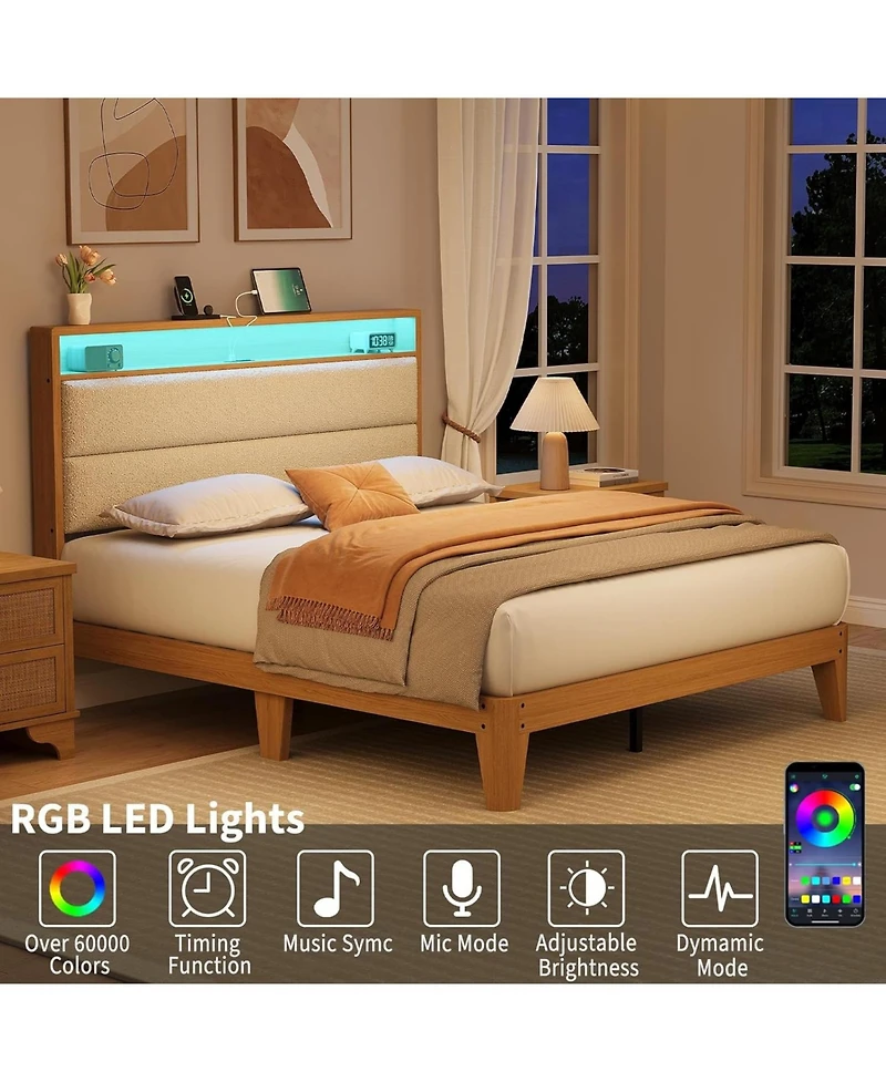 gaomon Bed Frame, Boucle Platform Frame with Led Lights, Upholstered Headboard Built-in Charging Station