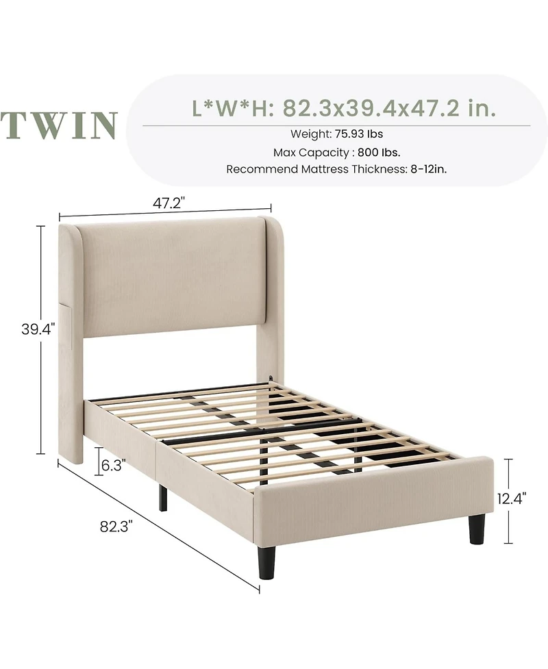 gaomon Bed Frame with Upholstered Headboard,Wooden Platform Bed Frame with 2 Storage Pockets,Vertical Channel Tufted Wingback,Strong Wooden Slats