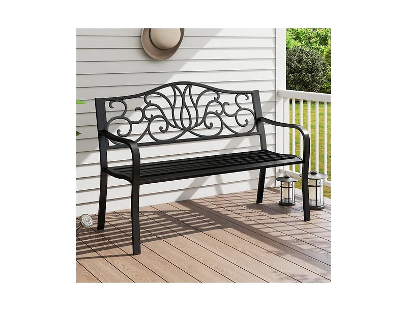Slickblue Outdoor 50 Inch Patio Bench with Floral Design Back and Slats