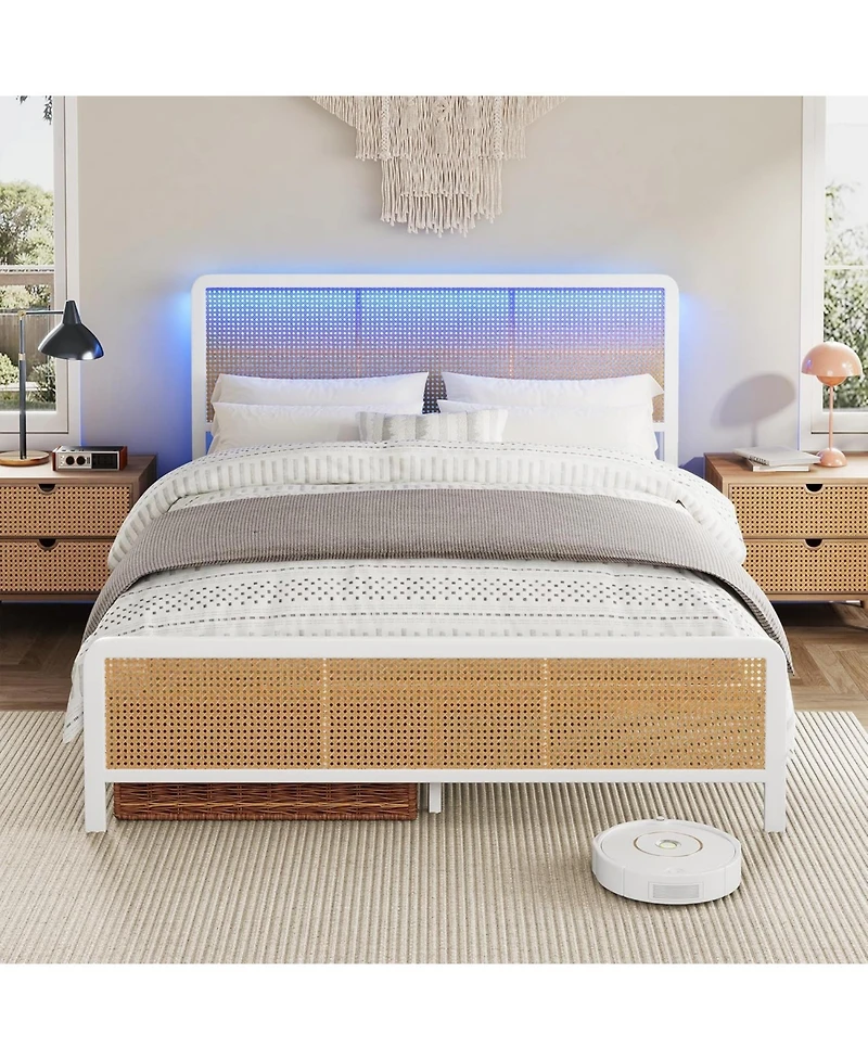 gaomon Rattan Platform Bed Frame with Led Light Headboard, Modern Style Cane Boho Frames Sturdy Steel Slat Support, Heavy