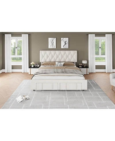 gaomon King Bed Frame Diamond Tufted Headboard Upholstered Platform Storage Drawer Wooden Slats Noise-Free No Box Spring