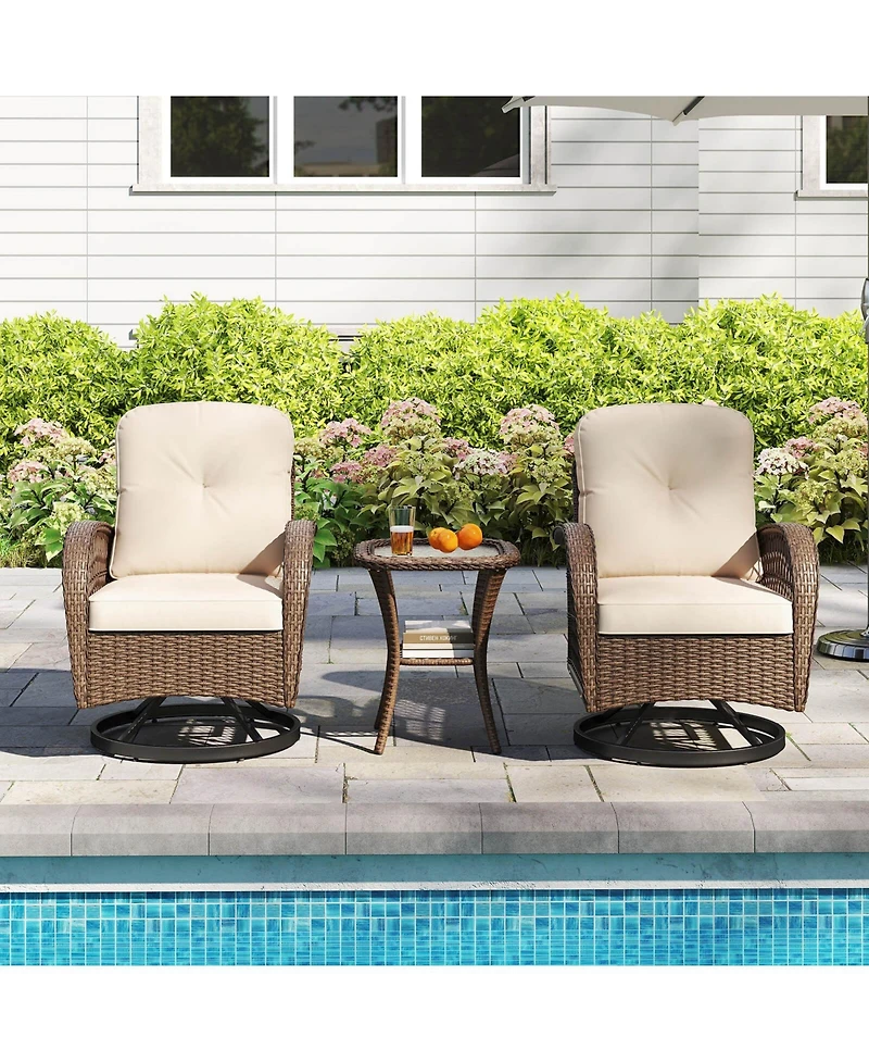 3 Pcs Patio Swivel Rocker Set Gliding Bistro Furniture with Tempered Glass Table