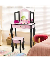 Costway Kid Vanity Set Wooden Makeup Table Stool Tri-Folding Mirror