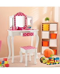 Costway Kid Vanity Set Wooden Makeup Table Stool Tri-Folding Mirror