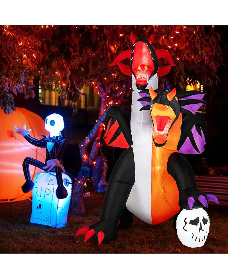 8 Ft Inflatable Twin-Headed Dragon Decoration Giant Halloween Inflatables with 5 Led Lights 4 Flashing Lights & 2 Disco Lights