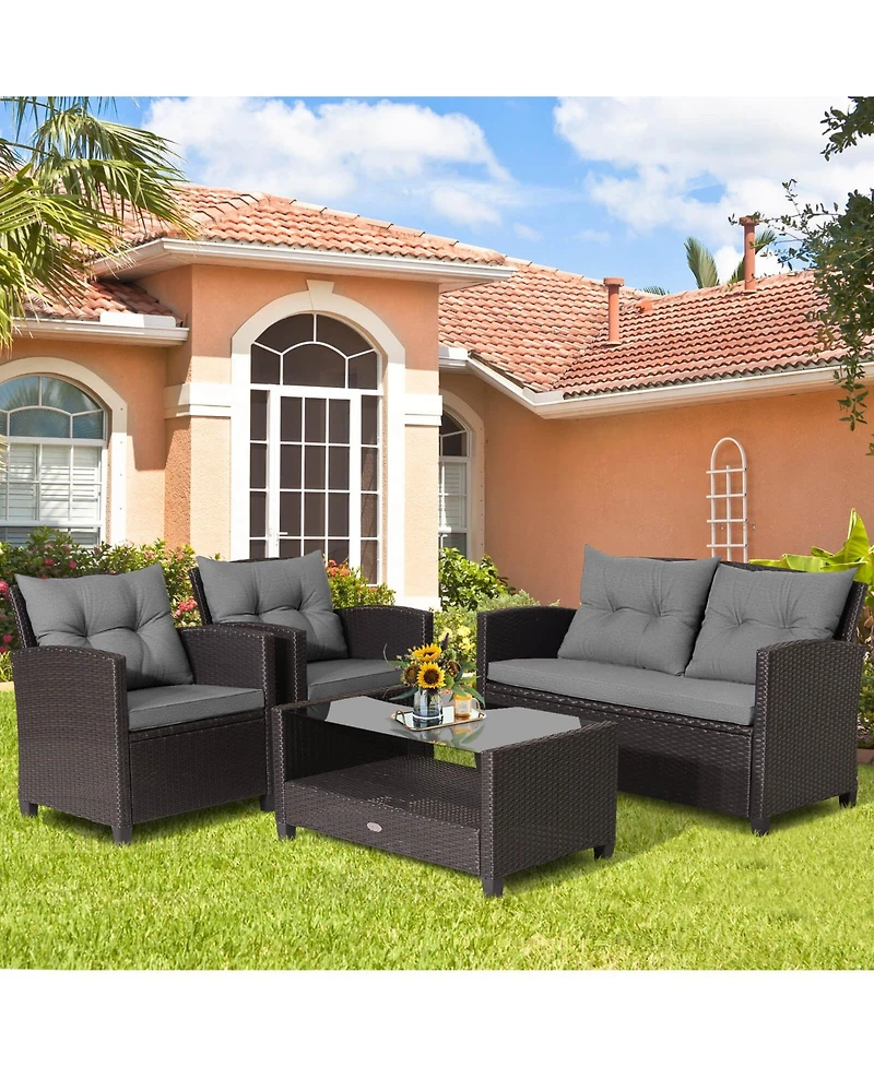 Pcs Patio Rattan Furniture Set Glass Table Shelf Sofa Cushion