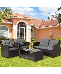 Pcs Patio Rattan Furniture Set Glass Table Shelf Sofa Cushion