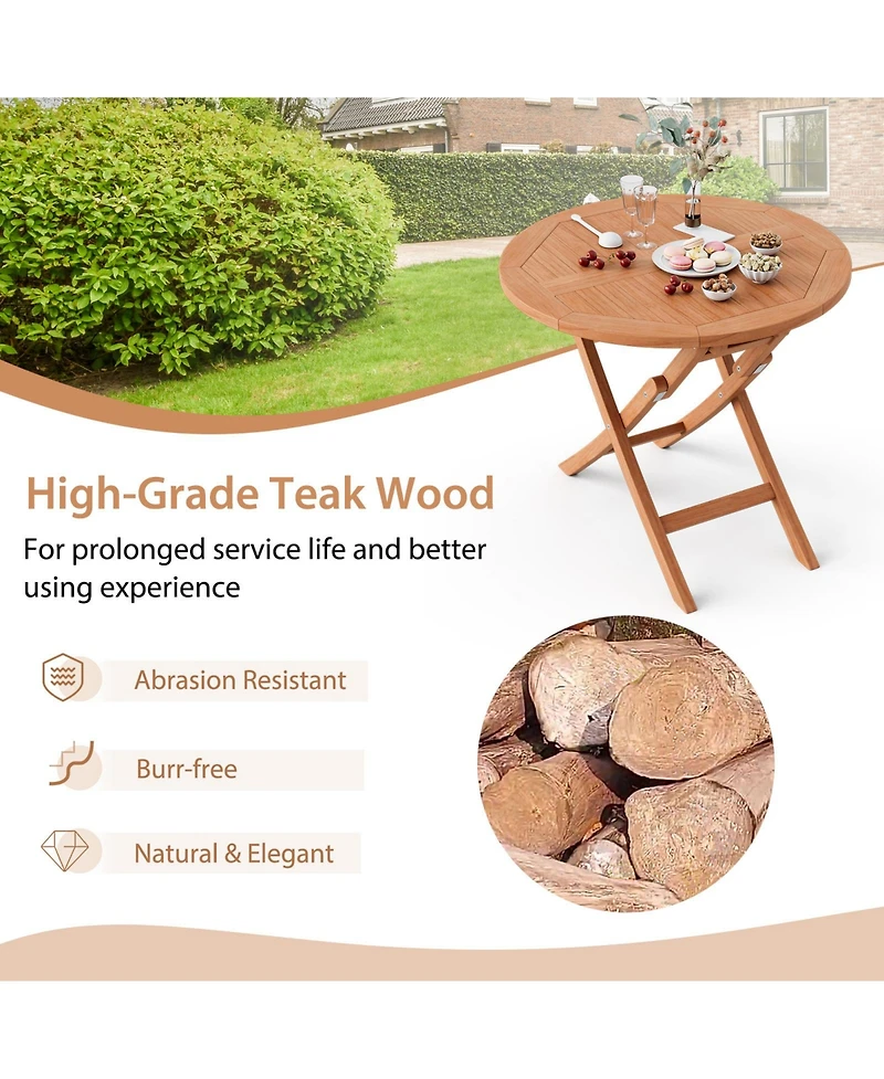 Costway 31.5'' Patio Round Folding Dining Table Solid Indonesia Teak Wood Natural Outdoor Portable