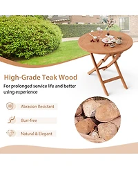 Costway 31.5'' Patio Round Folding Dining Table Solid Indonesia Teak Wood Natural Outdoor Portable