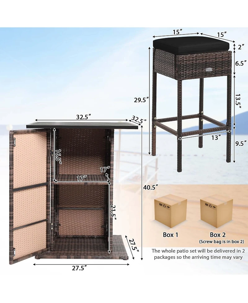 5PCS Patio Rattan Bar Table Stool Set Hidden Storage Shelf Cushion