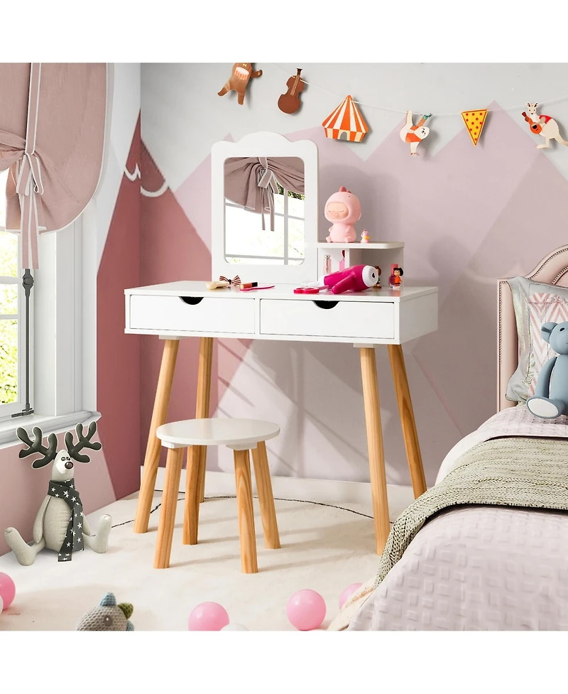 Costway Kid Vanity Table Chair Set with Mirror Large Storage Drawers Wooden Legs