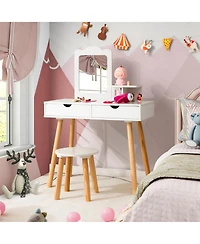 Costway Kid Vanity Table Chair Set with Mirror Large Storage Drawers Wooden Legs