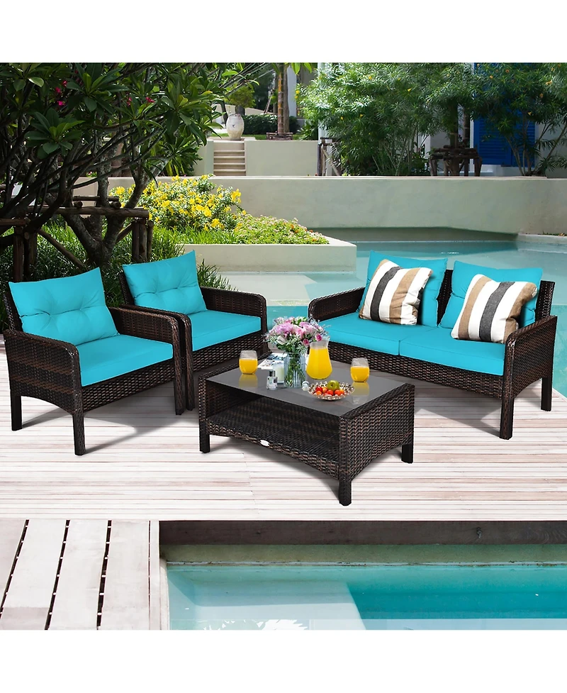 4PCS Patio Rattan Furniture Set Loveseat Sofa Coffee Table
