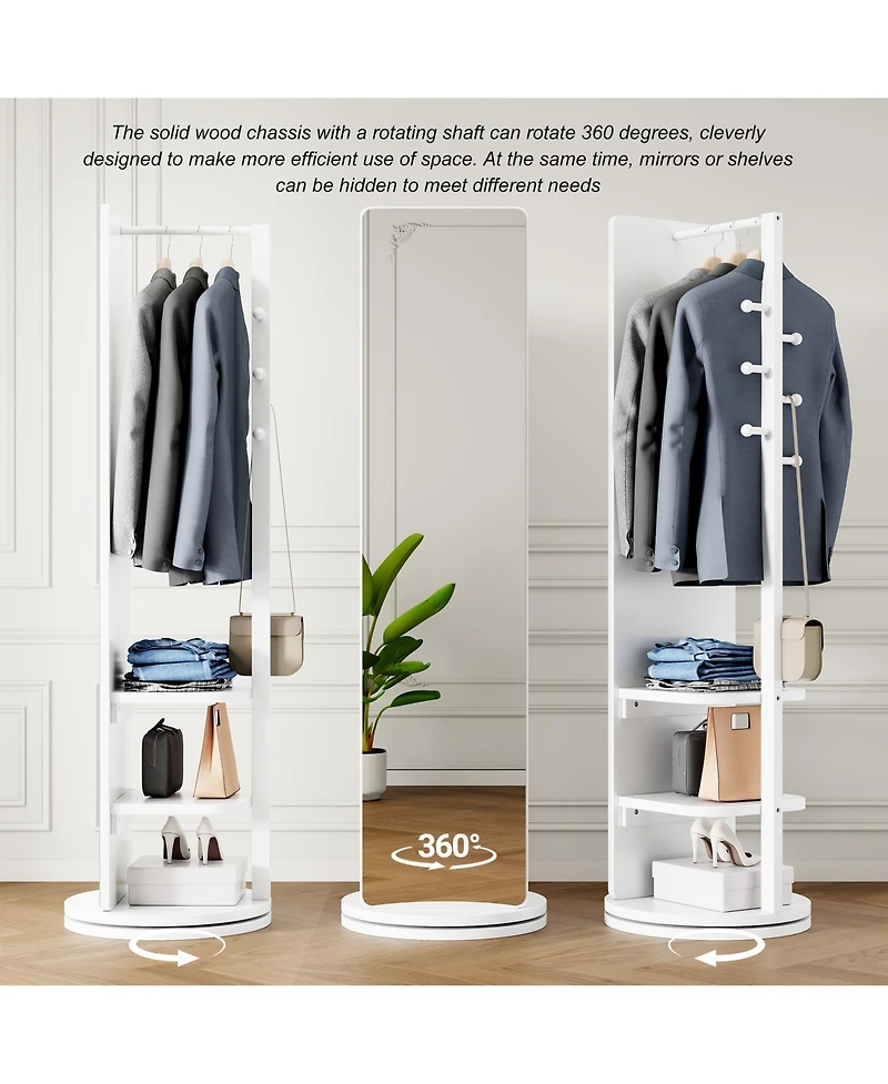 Rainsken 360° Rotating Full Length Mirror, Solid Wood Freestanding Coat Rack with Storage Hanger