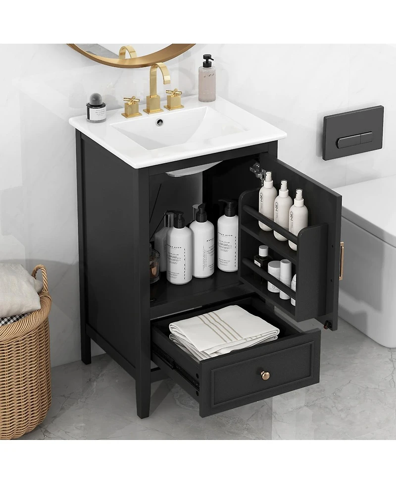 Sillysis 20" Freestanding Bathroom Vanity with Sink, Solid Wood Mdf Cabinet, Semilune Ceramic Drawer Shelf for Small