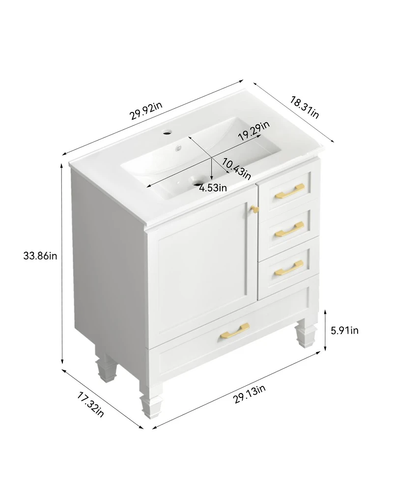 Sillysis Modern Bathroom Vanity with Sink, Transitional Mdf Cabinet, Ample Soft Close Storage, 1 Door 3 Drawers for Stylish Bathrooms