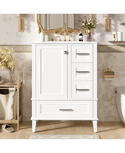 Sillysis 24.8" Bathroom Vanity with Ceramic Sink, Modern Freestanding Solid Wood Mdf Cabinet, 3 Drawers Soft Close Door for Small Spaces