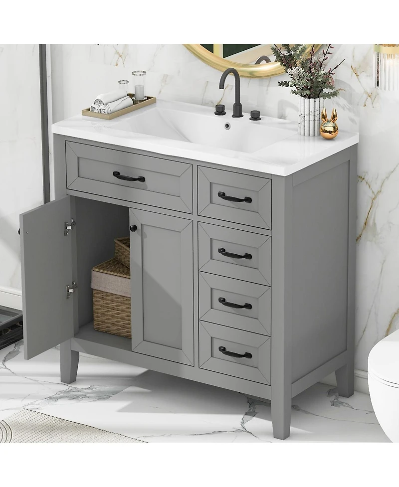 Sillysis 36" Bathroom Vanity with Ceramic Sink, Solid Wood Frame, Storage Cabinet & Drawers for Modern Home