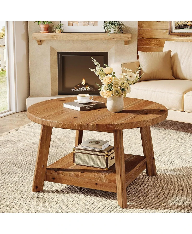 Tribesigns Solid Wood Round Coffee Table for Living Room, 31.5” Farmhouse Wooden 2-Tier Circle Center Cocktail Accent Table