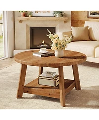 Tribesigns Solid Wood Round Coffee Table for Living Room, 31.5” Farmhouse Wooden 2-Tier Circle Center Cocktail Accent Table