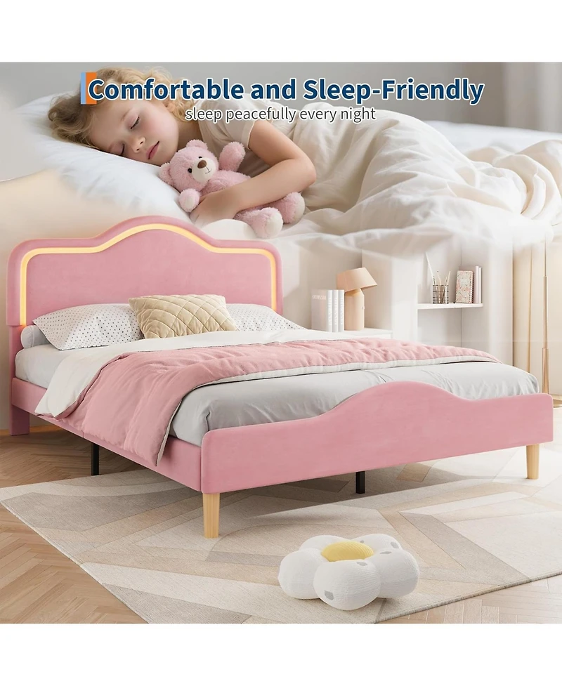 gaomon Upholstered Princess Platform Bed Frame with Rgb Led Lights, Adjustable Velvet Headboard, Wooden Slat Support