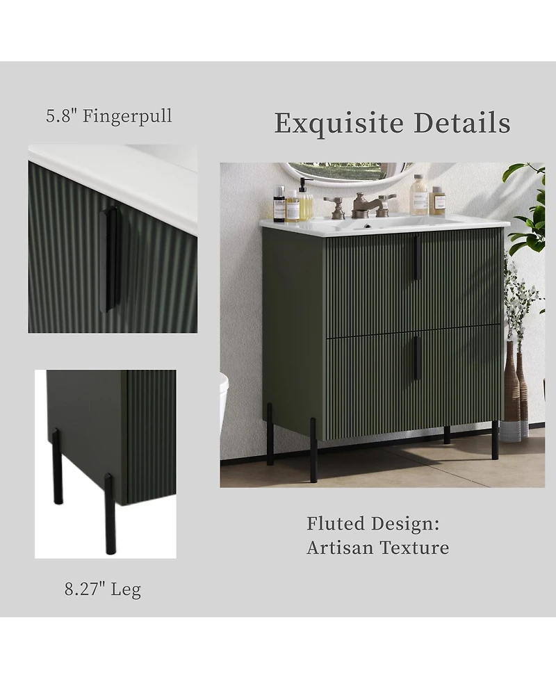 Sillysis 30" Bathroom Vanity with Sink, Modern Fluted Mdf Cabinet, Full-Extension Soft Close Drawers for Small Spaces