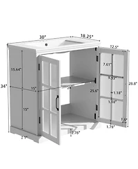 Sillysis 30'' Bathroom Vanity with Ceramic Sink, Tempered Glass Doors, Large Storage & Rubber Wood Frame for Modern Bathrooms