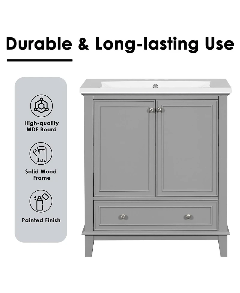 Sillysis Bathroom Vanity with Ceramic Sink, Adjustable Shelf, Multi-Functional Storage, Solid Wood & Mdf