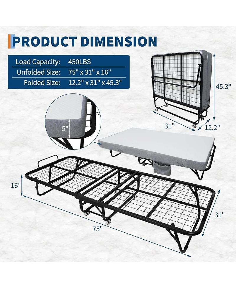 gaomon Folding Bed with Mattress, 75" x 31" Folded Bed with 5" Memory Foam Mattress and Sturdy Metal Frame, Rollaway Guest Beds on Whee