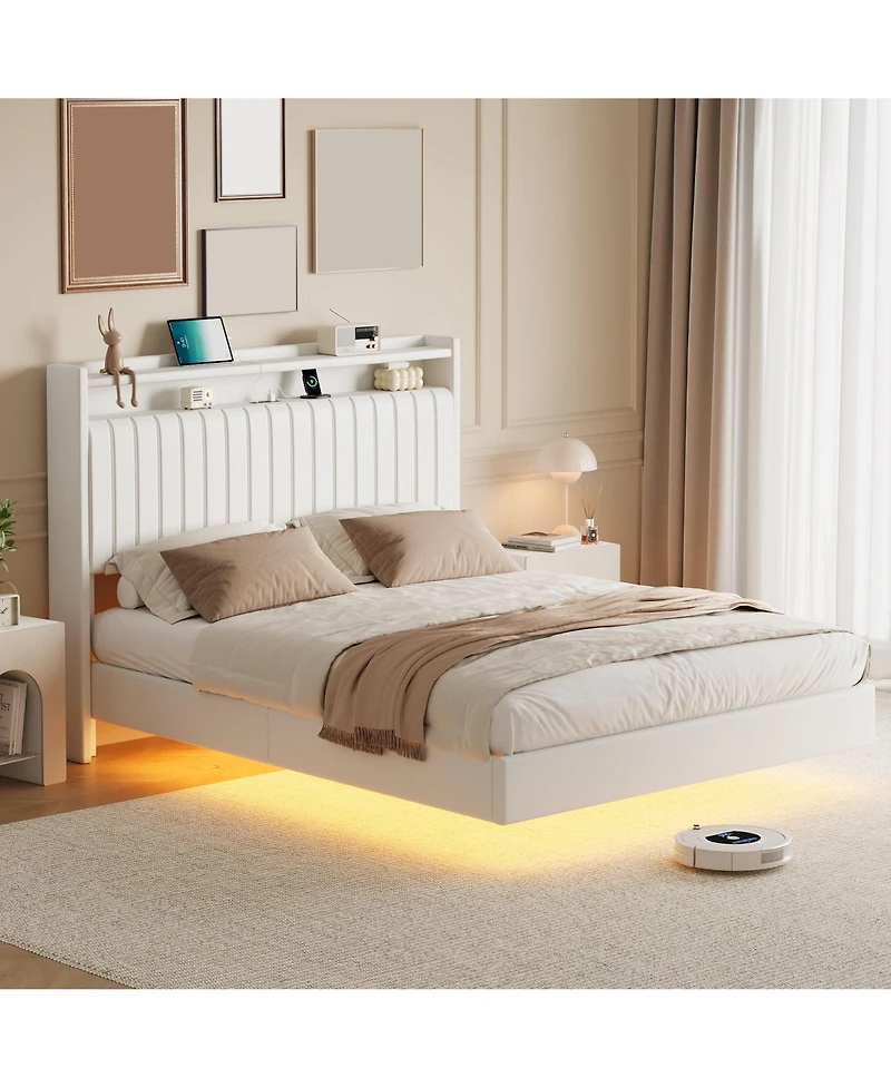 gaomon Floating Bed Frame Queen Rgb Led Lights Charging Station 50 Headboard Leather Upholstered Platform No Box Spring
