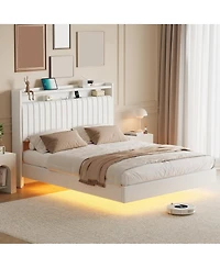 gaomon Floating Bed Frame Queen Rgb Led Lights Charging Station 50 Headboard Leather Upholstered Platform No Box Spring