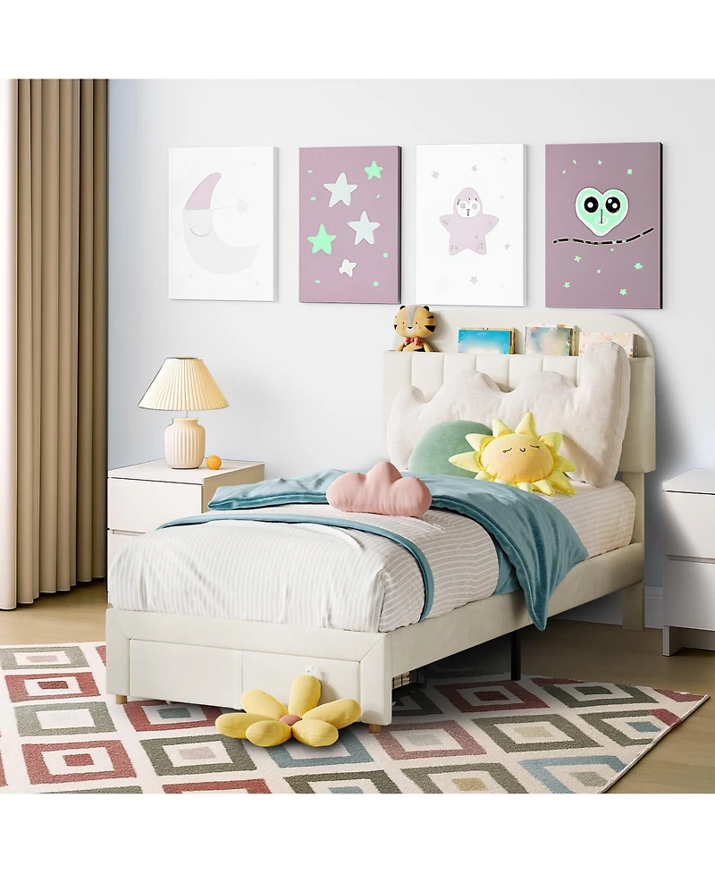 gaomon Twin Size Upholstered Platform Bed with Storage Drawer and Bookcase Headboard- Easy Assembly- Noise-Free- No Box Spring Needed