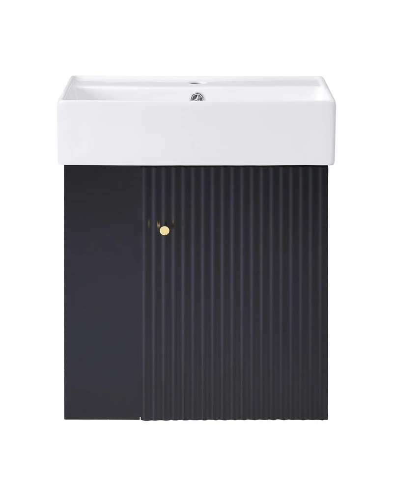 Sillysis Floating Bathroom Vanity with Ceramic Sink, Left Side Storage, Soft Close, Modern Wall Mounted Cabinet for Small Spaces