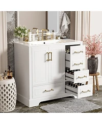 Sillysis Traditional Bathroom Vanity with Ceramic Sink, Soft Close Doors & 4 Drawers, Ample Storage Cabinet for Main Bathrooms