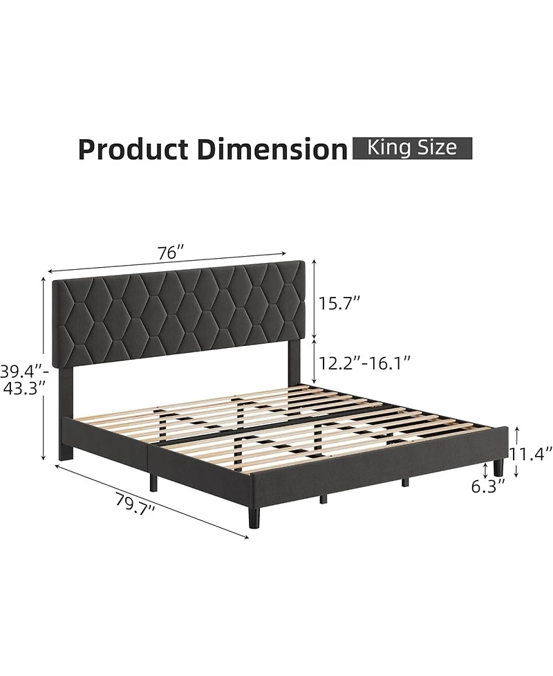 gaomon King Platform Bed Frame Upholstered Headboard Adjustable Fabric Diamond Pattern Soft Fabric Wood Slat Support
