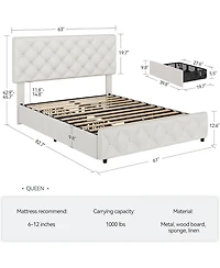 gaomon Queen Bed Frame 4 Storage Drawers Adjustable Headboard Faux Leather Upholstered Diamond Tufted No Box Spring