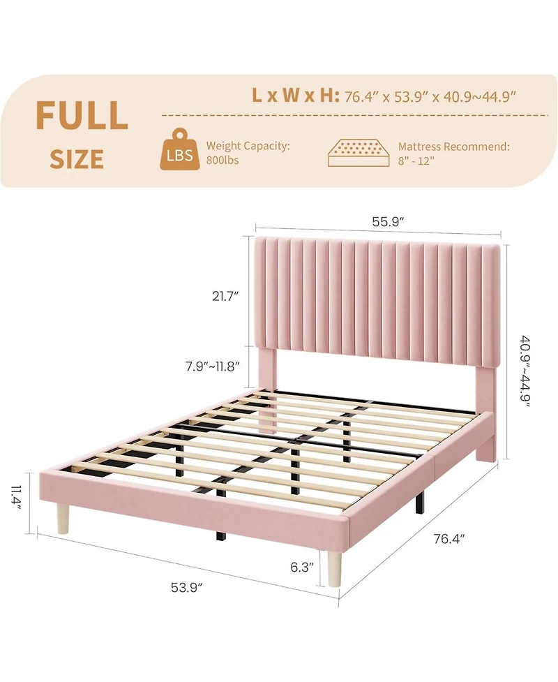 gaomon Bed Frame with Adjustable Headboard, Velvet Upholstered Platform Bed Frame Full Size, Strong Wooden Slats, No Box Spring Needed, Easy Assembly