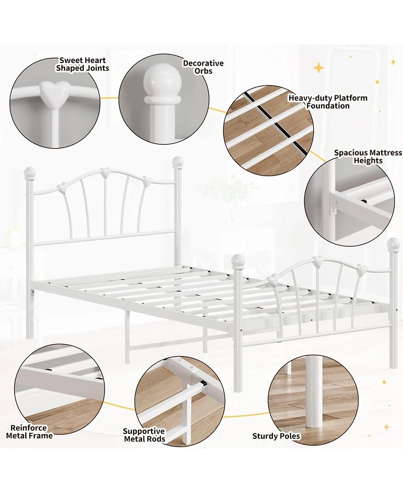gaomon Metal Frame Platform Bed Iron-Art Heart Headboard Under Storage Footboard 600 Lbs Easy Assembly No Box