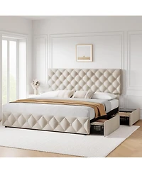 gaomon Full Bed Frame 4 Storage Drawers Adjustable Headboard Upholstered Platform Diamond Tufted Easy Assembly No Box Spring
