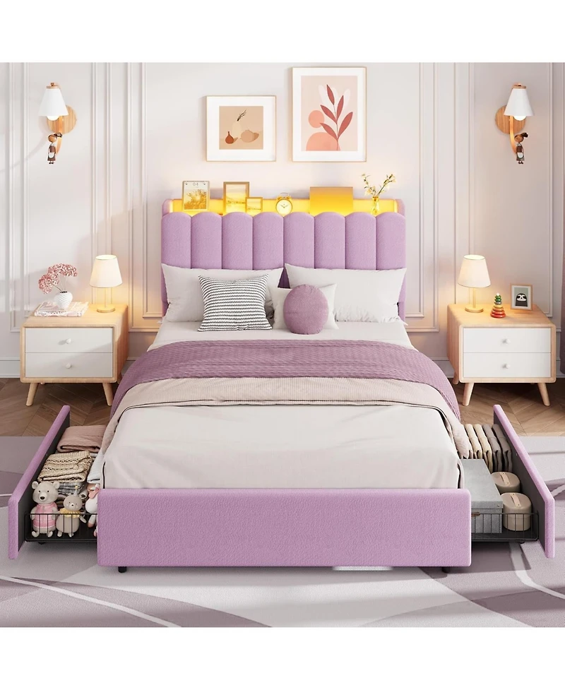 gaomon Full Boucle Upholstered Platform Bed Wavy Headboard Storage Bookcase 2 Drawers No Box Spring