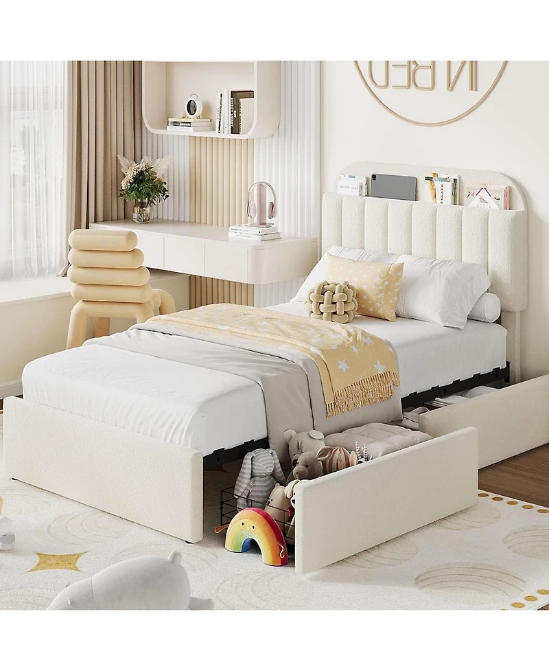 gaomon Twin-xl Boucle Upholstered Platform 2 Storage Drawers Bookcase Headboard Noise-Free Easy Assembly No Box Spring