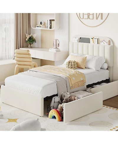 gaomon Twin-xl Boucle Upholstered Platform 2 Storage Drawers Bookcase Headboard Noise-Free Easy Assembly No Box Spring