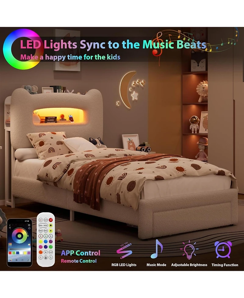 gaomon Led Bed Frame with Drawer Upholstered Storage Headboard Charging Station Noise-Free Low Profile